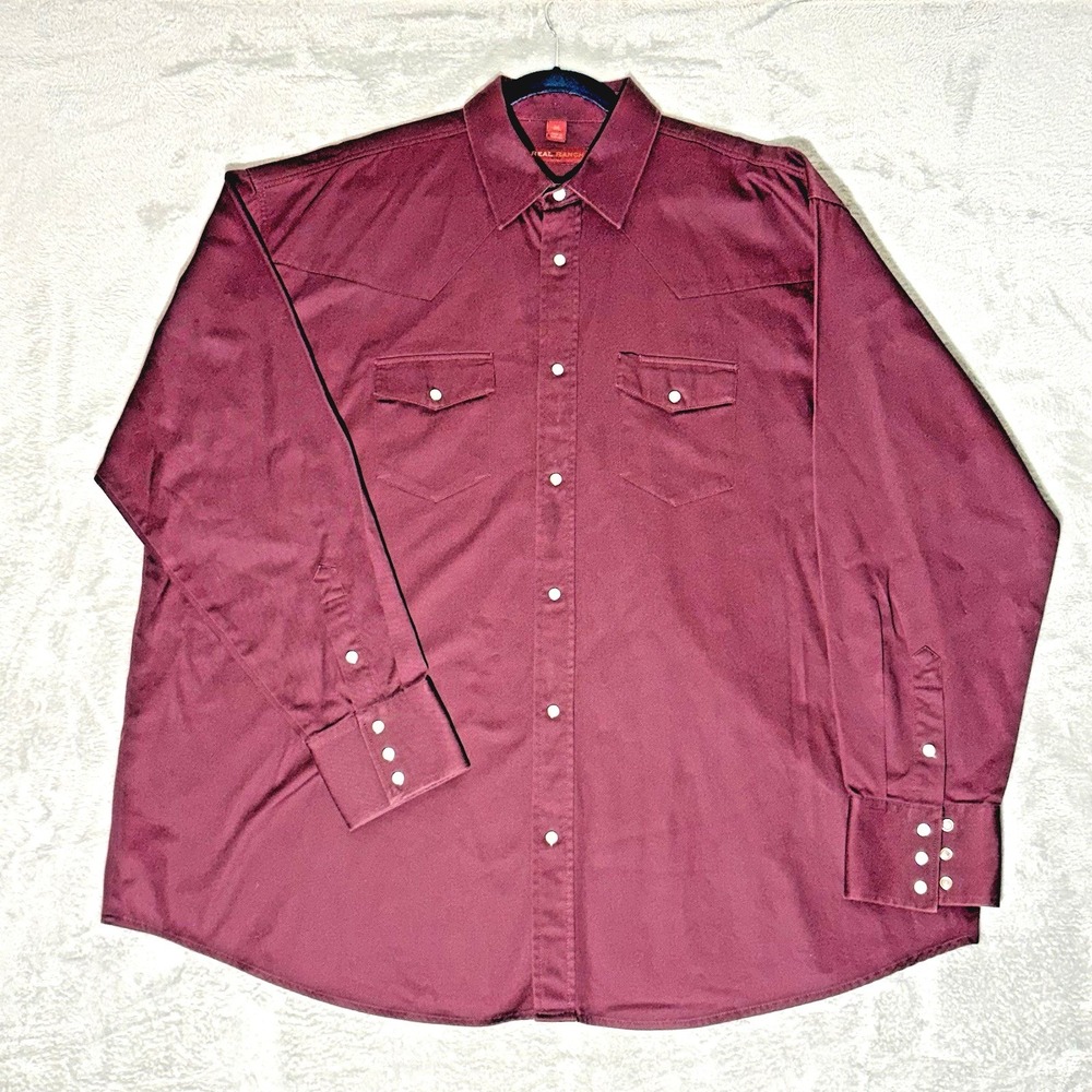 Real Ranch Shirt Mens 3XL Burgundy Red Pearl Snap‎ Long Sleeve Workwear Twill